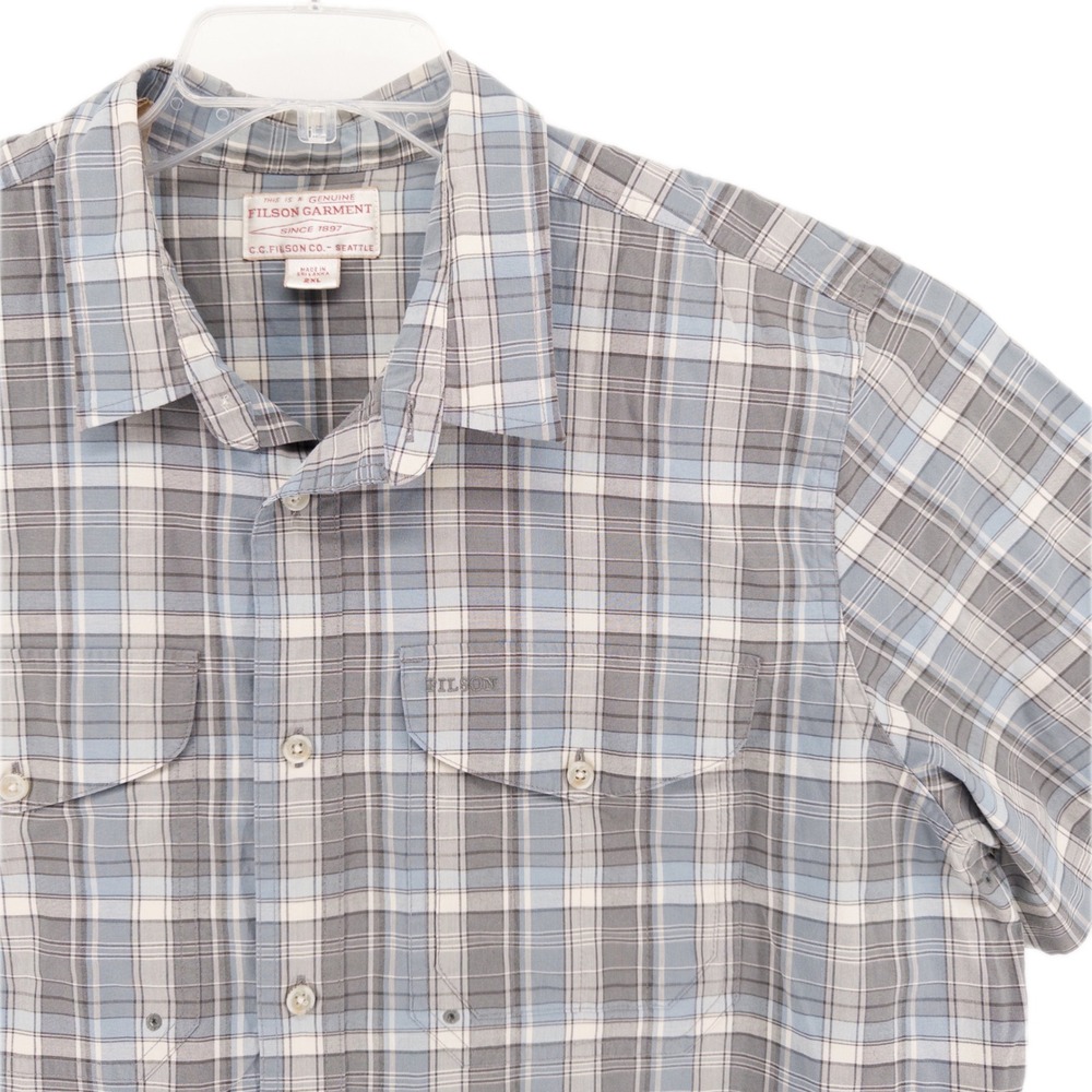 Filson Mens 2XL Sport Shirt Grey Blue Plaid Twin Lakes Short Sleeve Outdoor 4994